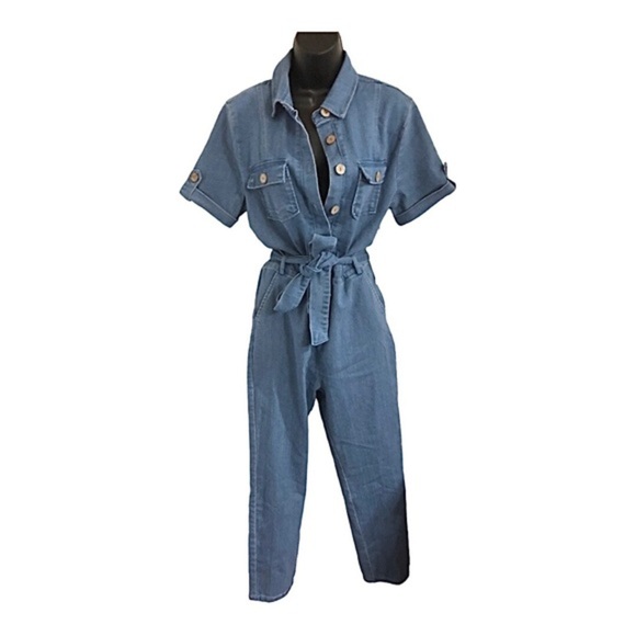 Haute Monde blue denim stretch belted button front safari style jumpsuit size XL - Picture 3 of 10
